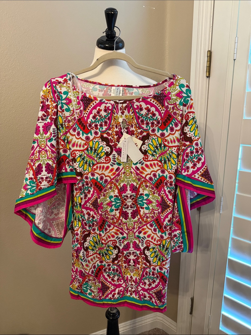Trina Turk Bright Floral Pink Multicolor Bell-Sleeve Women's Top